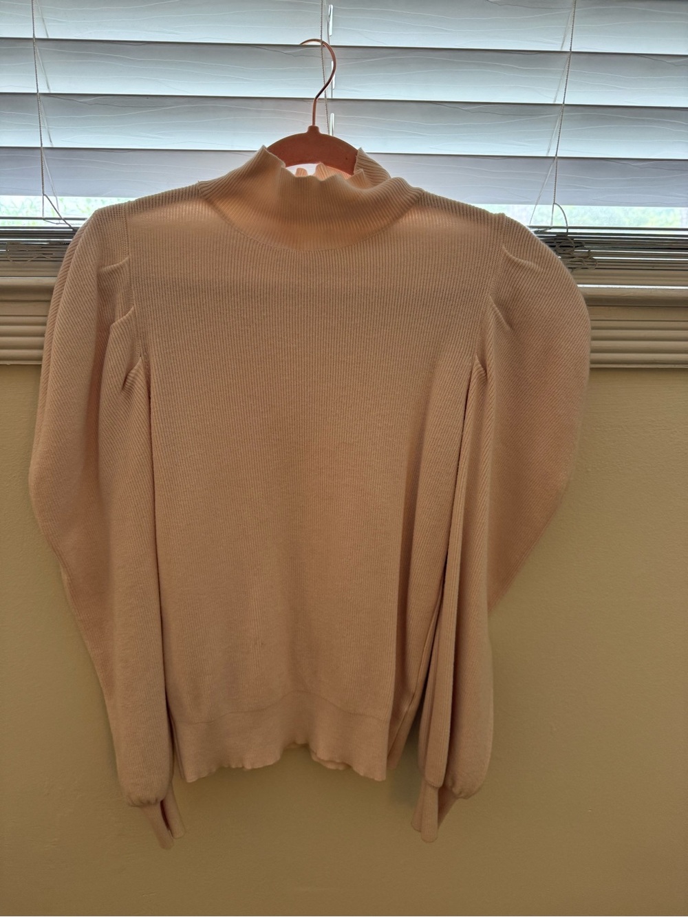 vestique Cream Ribbed Mock Neck Top with Puff Sleeve Detail